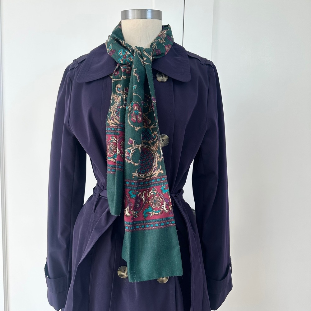 Vintage Forest Green Paisley Floral Oblong Scarf Burgundy Gold Accessory